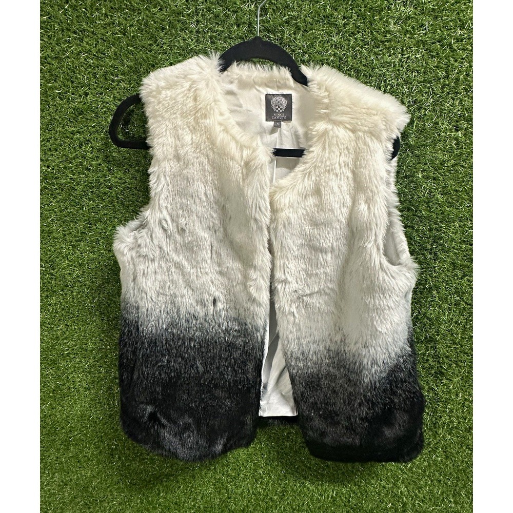Vince Camuto Women White Black Colorblock Sleeveless Fur Lined Vest Hook & Eye S